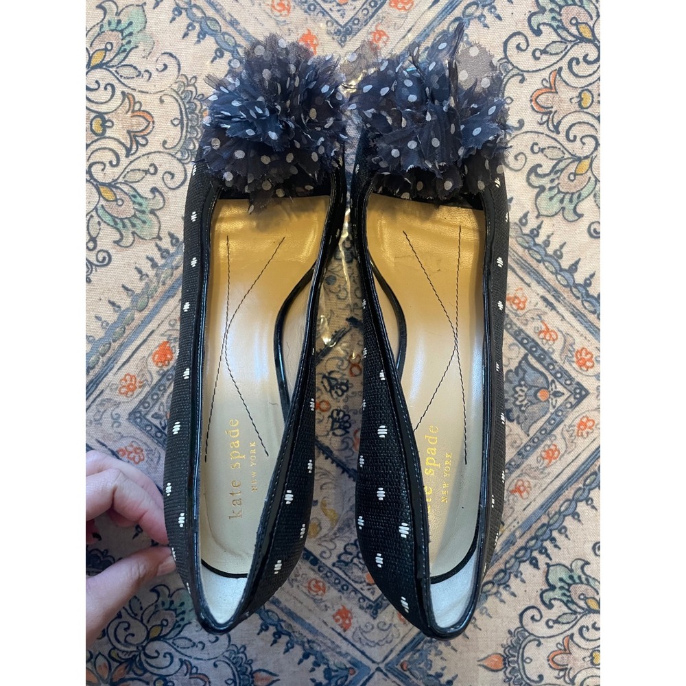 Kate Spade Polka Dot Tulle Pom Pom Peep Toe Pumps Black White Heels 9.5B Italy